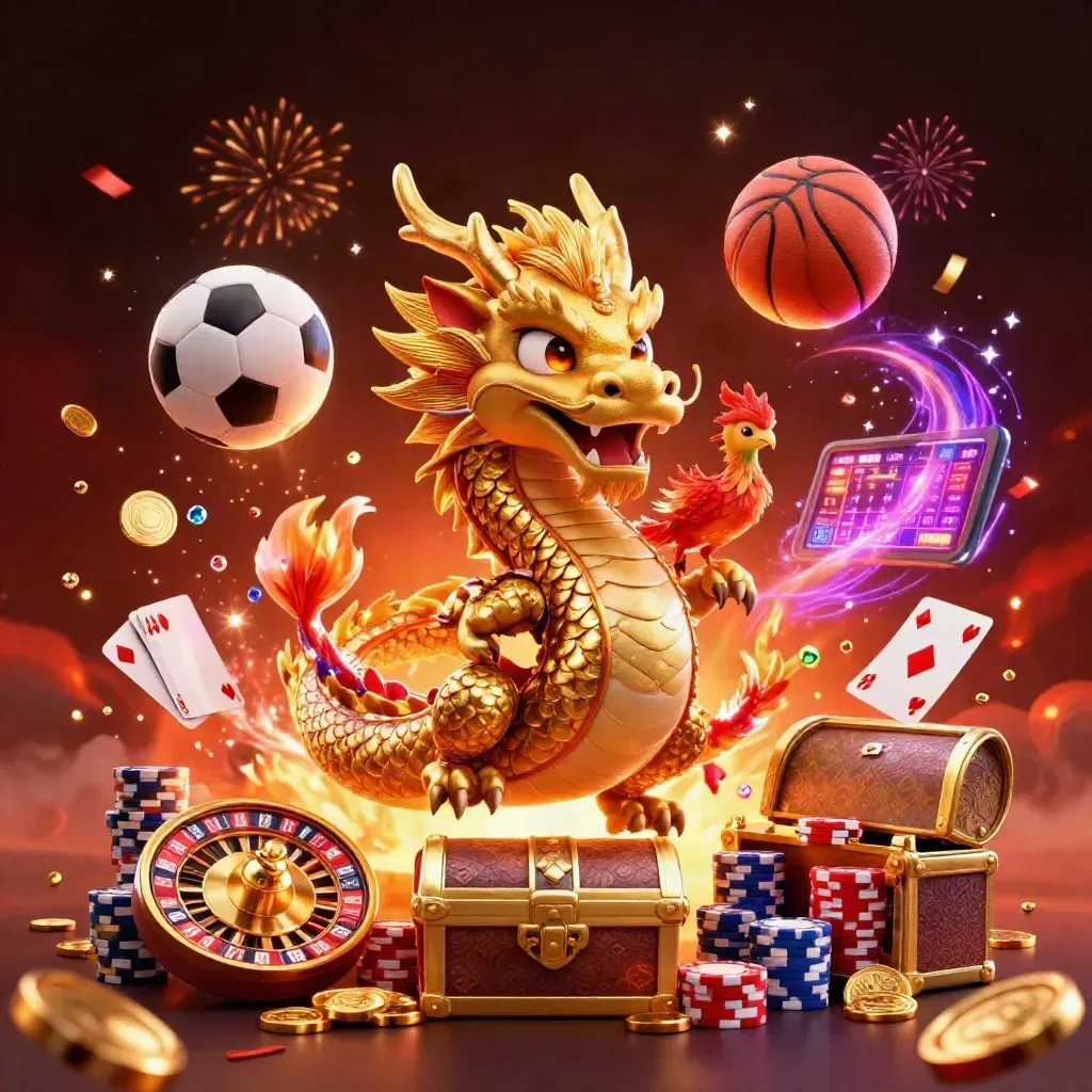 Golden dragon, phoenix and koi amid casino chips, coins, cards and fiery sports balls.