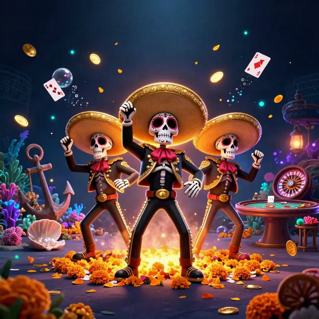 Skeleton mariachi trio in a glowing treasure cove with roulette and casino relics
