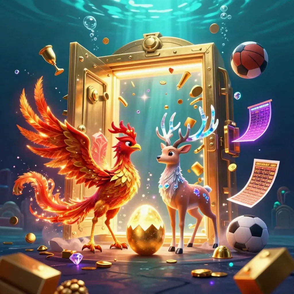 Phoenix, baby phoenix, stag, vault, gold, gems, and sports balls in an underwater glow.