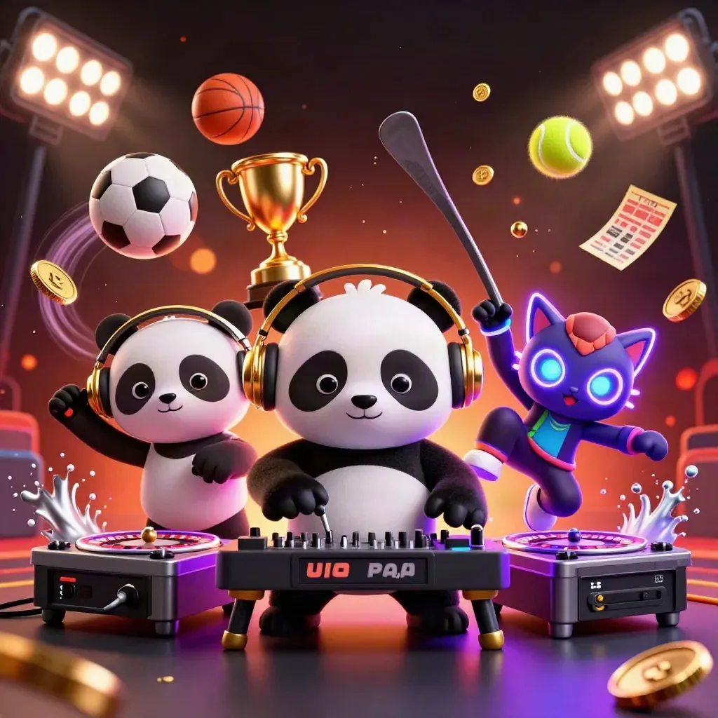 DJ panda, monkey and kitten in a casino-sports burst of balls, coins and light.