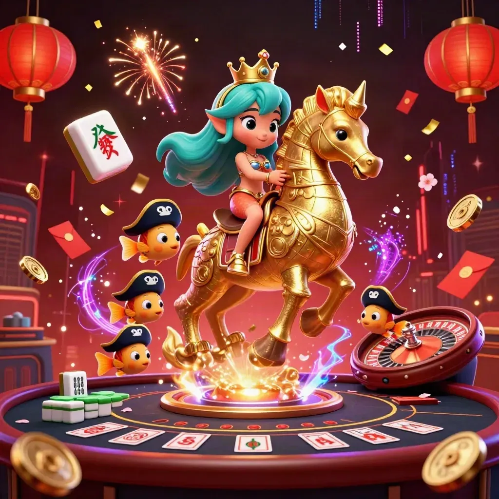 Mermaid princess on a golden seahorse in a luxe neon casino, with pirate fish and glowing game props.
