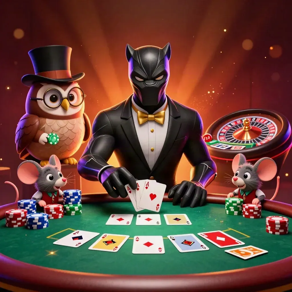 Stylish animal casino heroes at a lavish poker table under chandelier light.