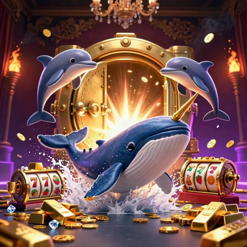Captain whale, narwhal and dolphins burst through coins with vault light and violet casino glow.