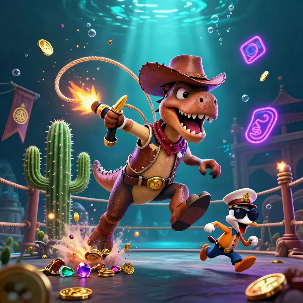 Cowboy T-Rex, cactus sidekick and roadrunner in a neon underwater treasure clash.