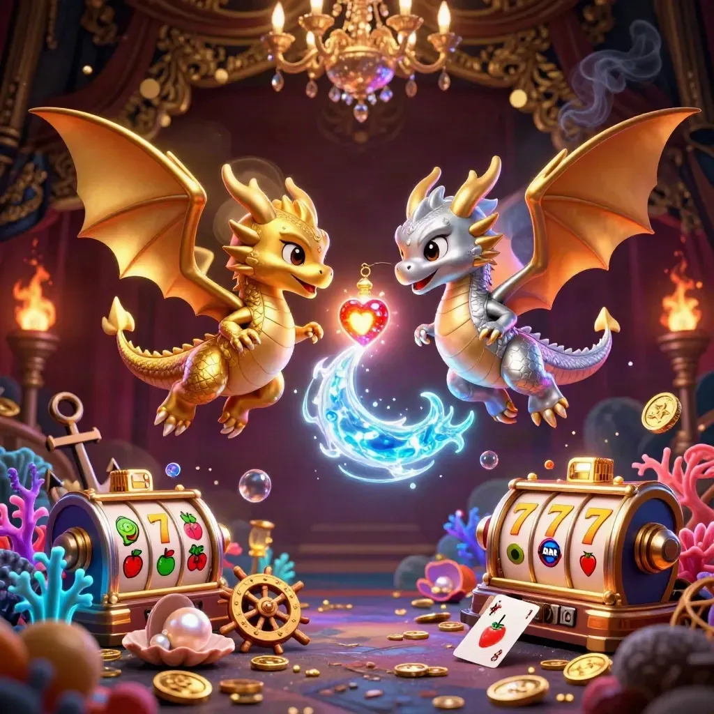 Twin gold and silver dragons with a lantern spirit in a treasure cove of coins and coral.