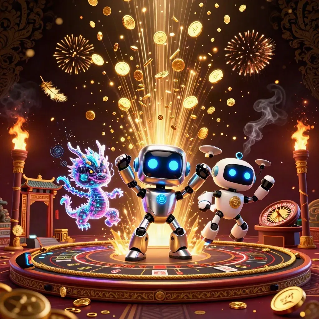 Cyberpunk robot, holographic dragon, and drone amid coins, fire, temple gate, and casino table