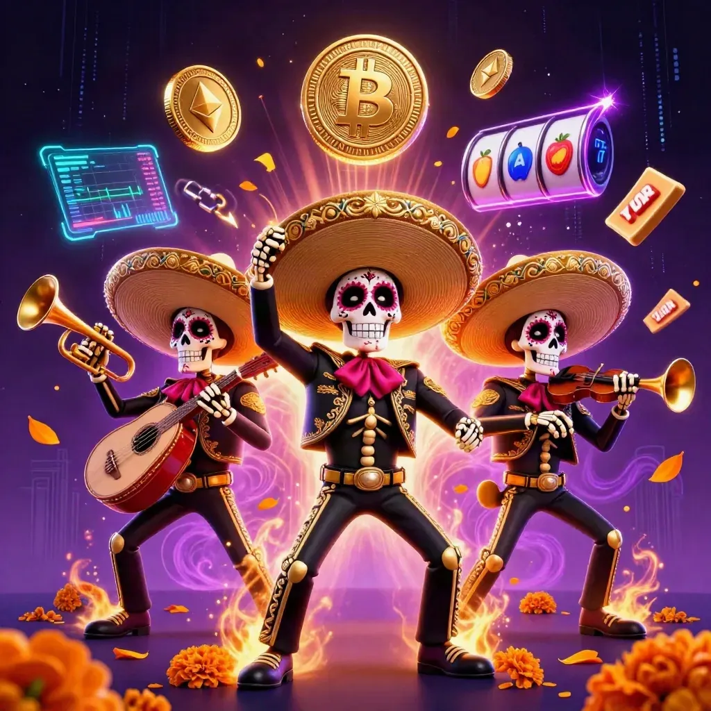 Day-of-the-Dead skeleton mariachi trio amid coins, lightning, and slot symbols in neon casino glow