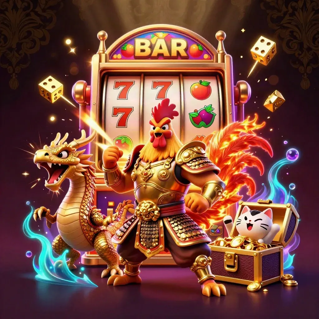 Rooster samurai, dragon hatchling, and fortune cat amid exploding slots and gold