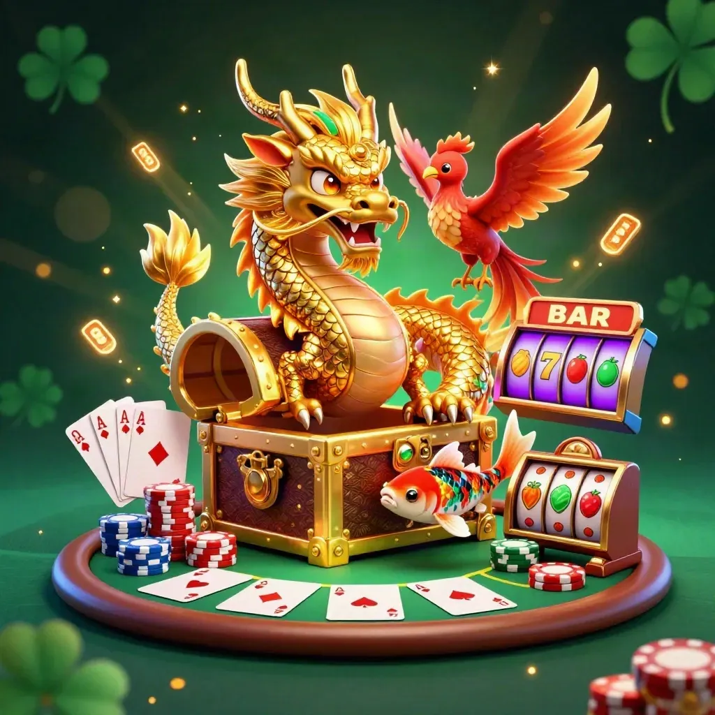 Golden dragon with phoenix and koi amid casino chips, cards, reels and emerald glow.