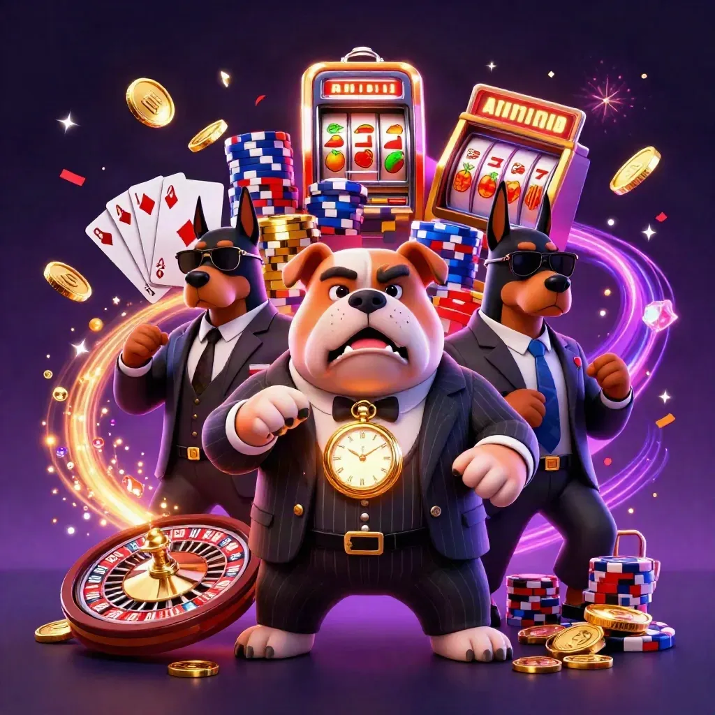 Bulldog mafia boss with Dobermans amid gold coins, roulette wheel and neon casino energy.
