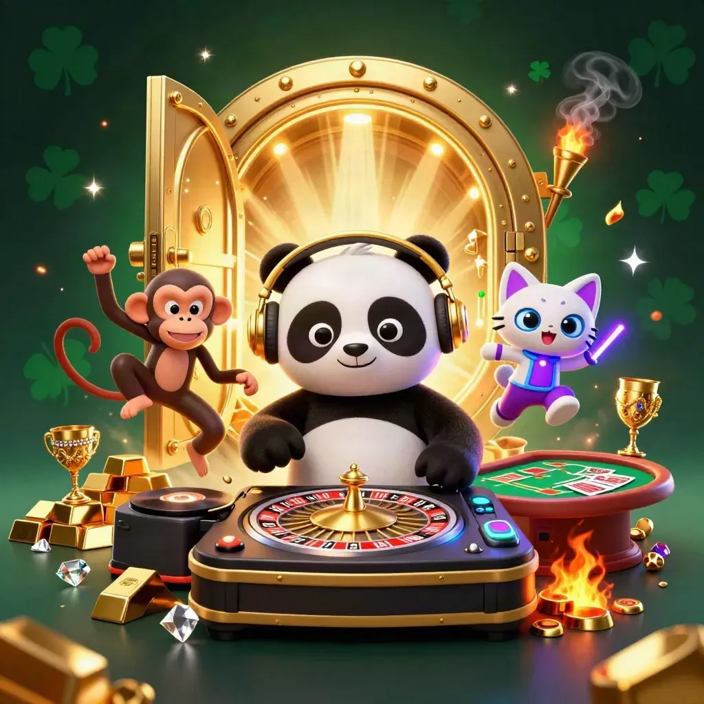 DJ panda, breakdancing monkey, and glow-stick kitten amid vault gold and casino sparks