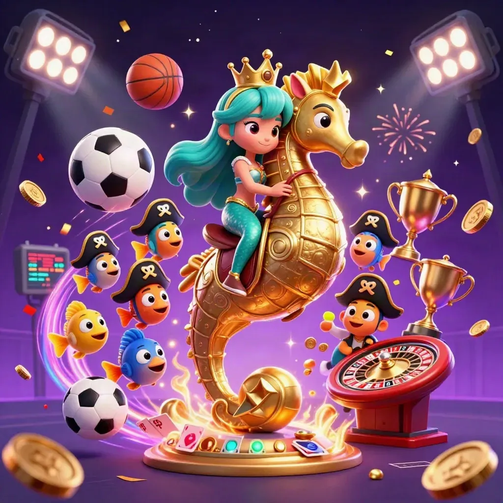 Mermaid princess on a golden seahorse amid pirate fish, coins, cards, roulette, and casino lights.