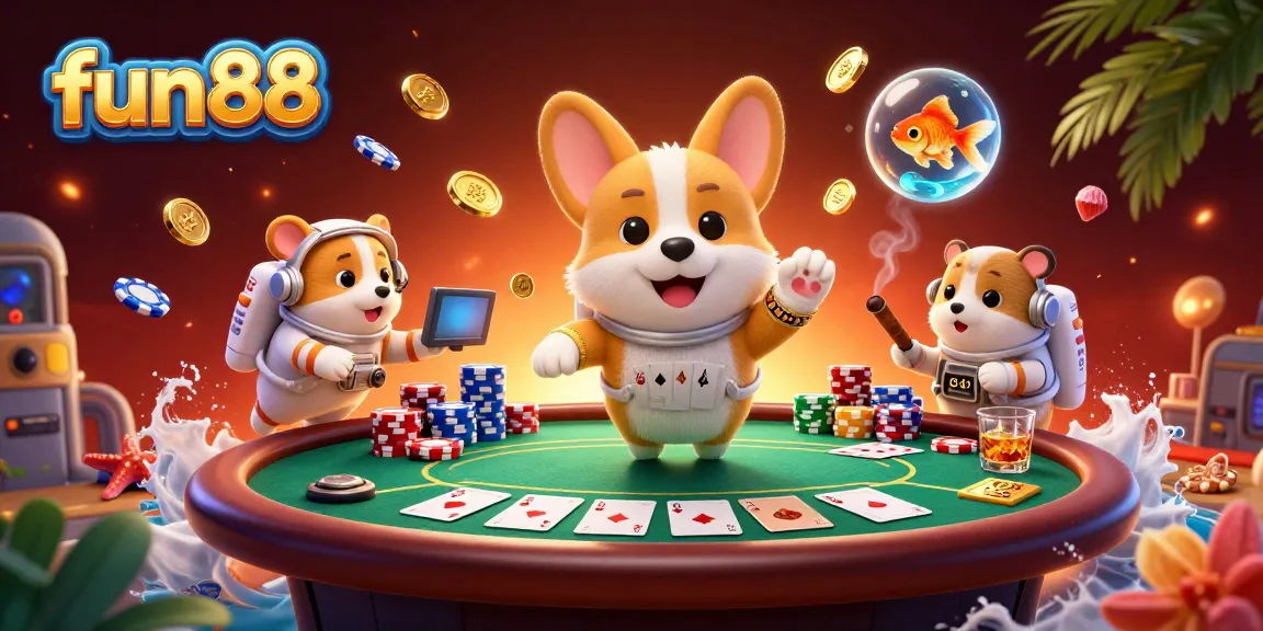 Experience fun88 action in a zero-gravity casino with vibrant gambling elements and cartoon characters.