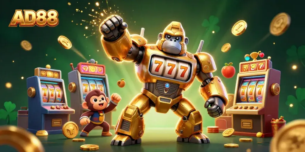 Experience the thrill of AD88 with an exciting golden gorilla mech character amid slot machines and a vibrant casino backdrop.