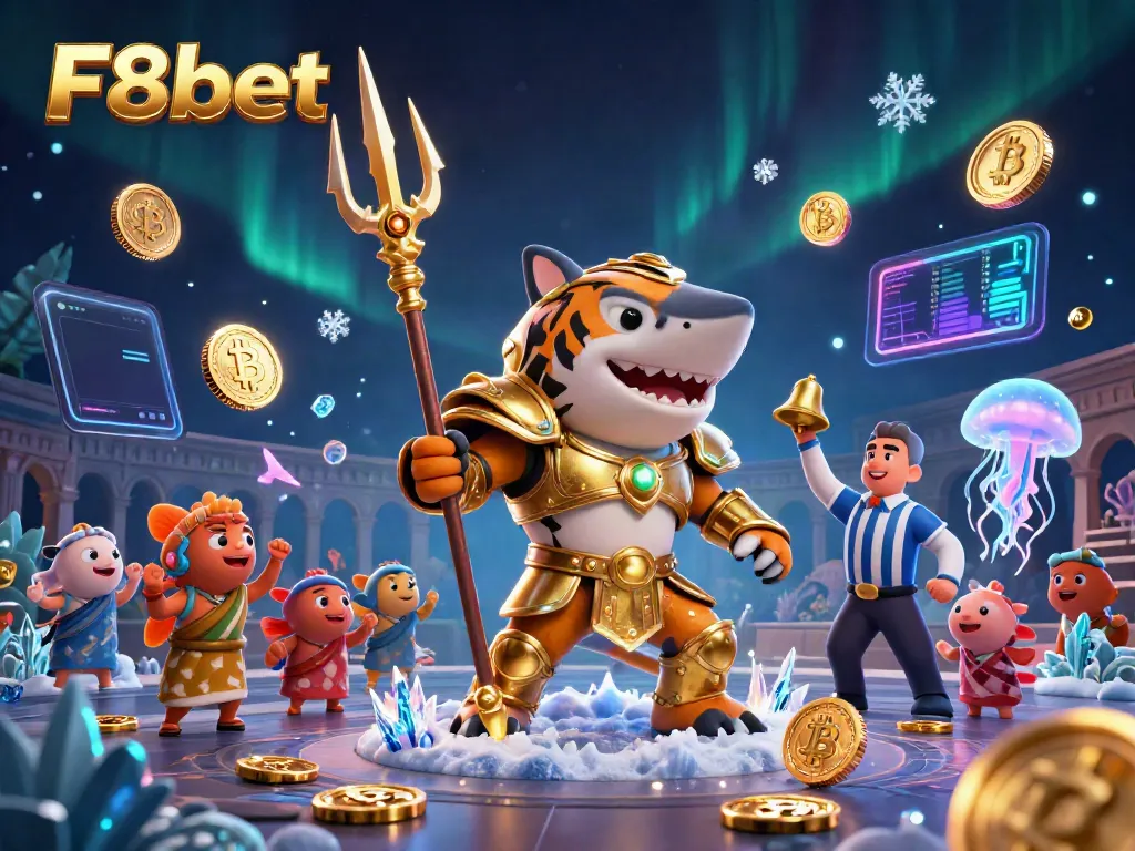 Engage with F8bet's vibrant underwater casino scene featuring a tiger shark and electrifying crypto elements.