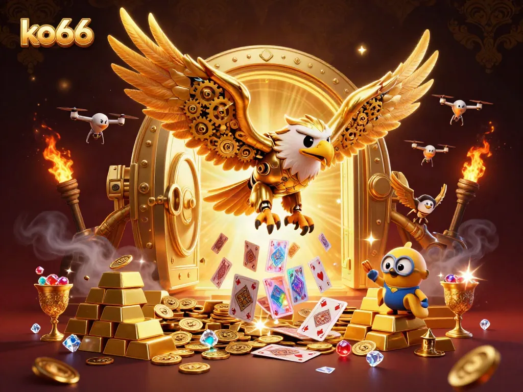 Experience the thrill of ko66 with a 3D golden eagle diving amid cascading holographic cards and treasures.