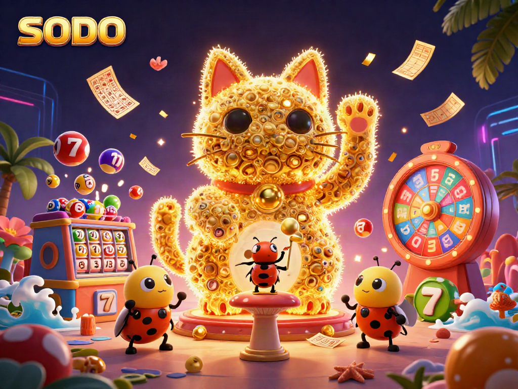 SODO's dynamic scene showcases a golden lucky cat formed by fireflies, slots, and colorful lottery elements.