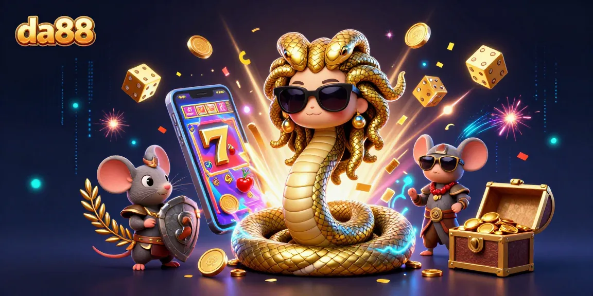 Spin the da88 slot machine with Medusa and treasures bursting forth in this fun casino illustration.