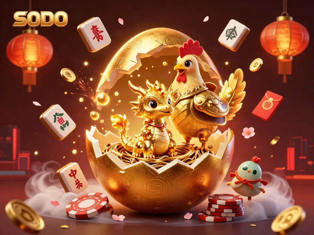 Experience SODO's thrilling casino energy with a golden dragon and poker chips in vibrant 3D art.