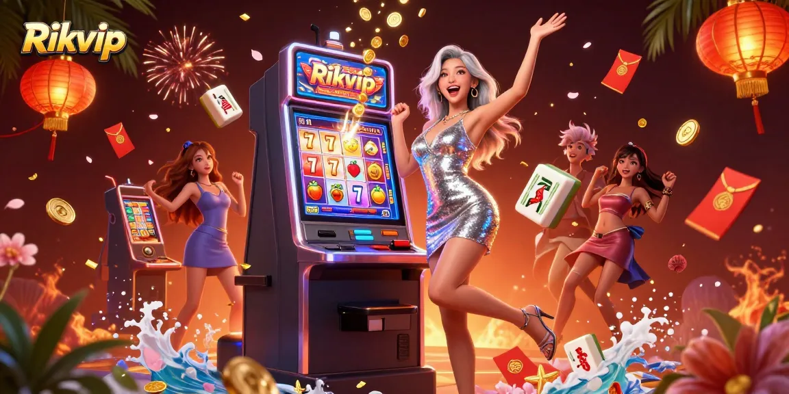 Win big at Rikvip with vibrant slot machines and celebratory casino atmosphere.