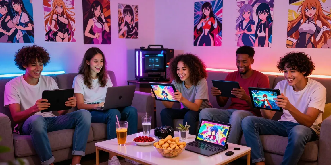 Group enjoying hentai games in a cozy living room atmosphere.