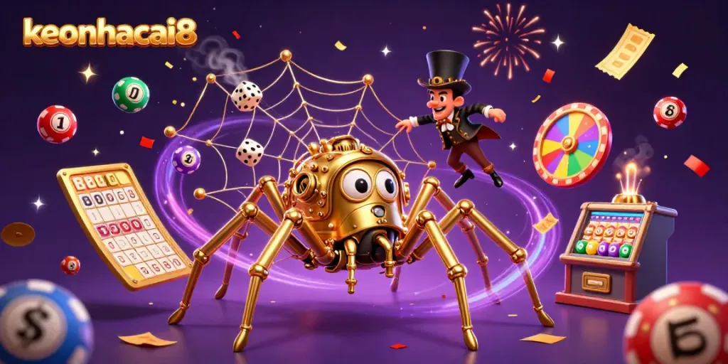 Experience the exhilarating world of keonhacai8 with a vibrant steampunk spider and lottery elements.