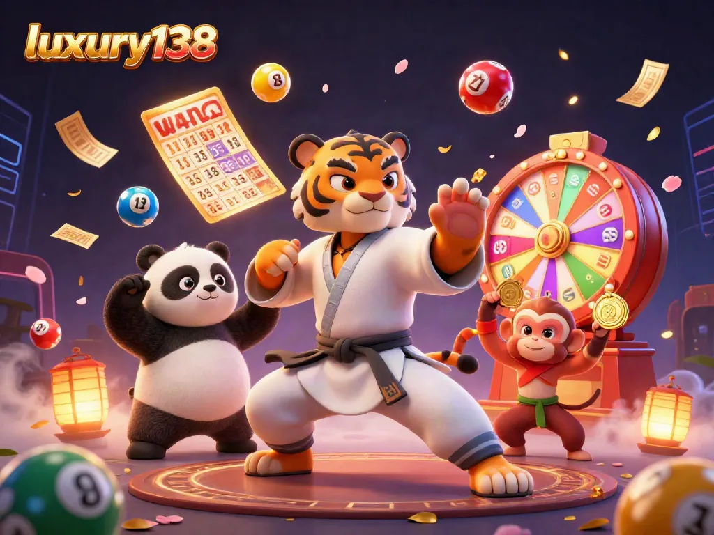 Engage with luxury138 in a vibrant 3D digital illustration featuring a martial arts master surrounded by dynamic game elements.