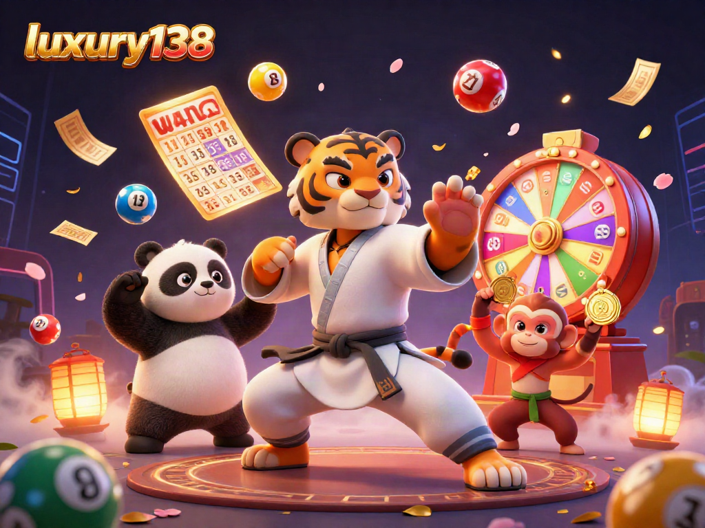 Engage with luxury138 in a vibrant 3D digital illustration featuring a martial arts master surrounded by dynamic game elements.