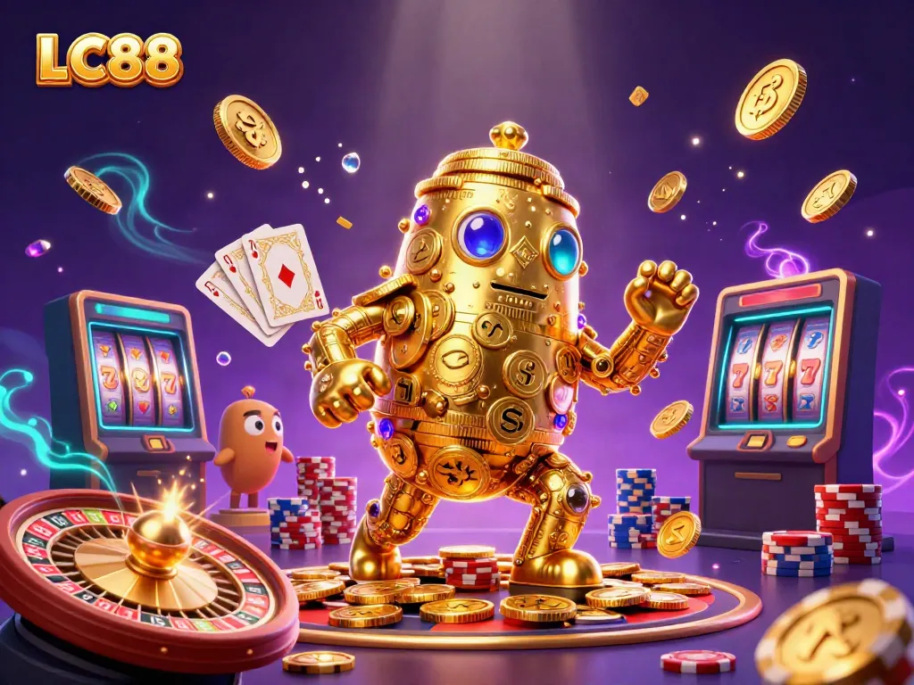 Experience LC88's casino excitement with a dynamic scene of a golden golem and vibrant gaming symbols.