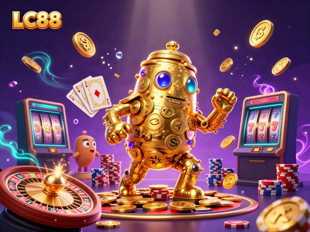 Experience LC88's casino excitement with a dynamic scene of a golden golem and vibrant gaming symbols.