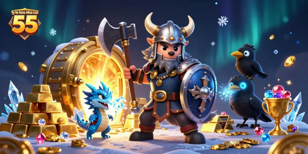 Experience ty le keo nha cai 55 with a Viking wolf warrior, fierce dragon, and treasure vault in a captivating scene.