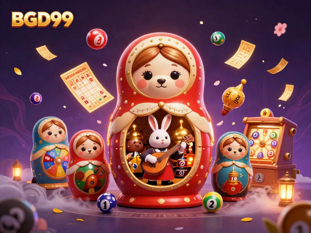 Experience fun at BGD99 with vibrant lottery elements, casino-themed characters, and lively scenes.