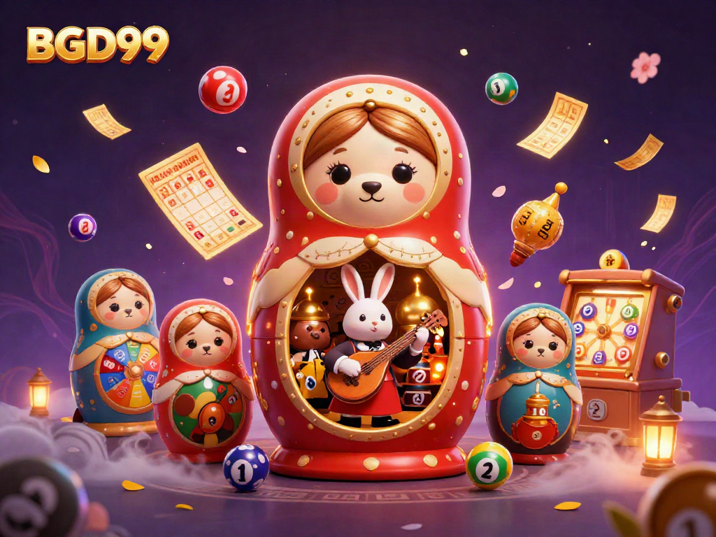 Experience fun at BGD99 with vibrant lottery elements, casino-themed characters, and lively scenes.