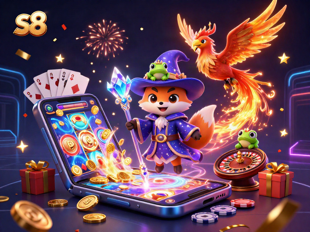 Experience the thrill of s8 with a magical wizard fox and phoenix amidst vibrant casino games.