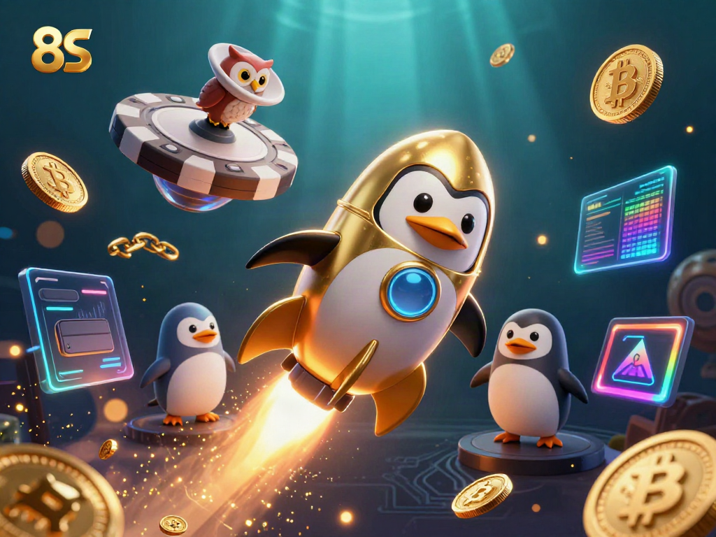 Experience the vibrant galaxy of 8S as the golden penguin propels toward a dazzling casino!