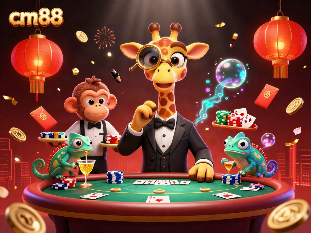 Experience the thrill of cm88 poker tables with a vibrant, high-energy casino scene featuring whimsical characters.