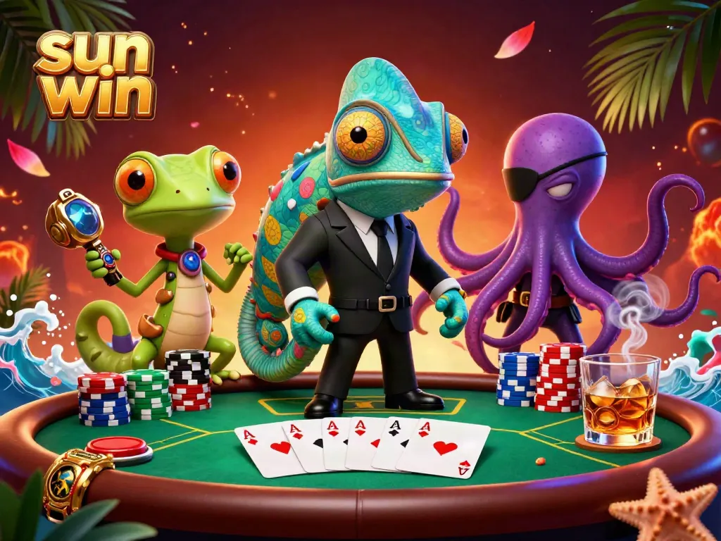 Experience the vibrant gambling scene with sun win as a secret agent chameleon and friends around a poker table.