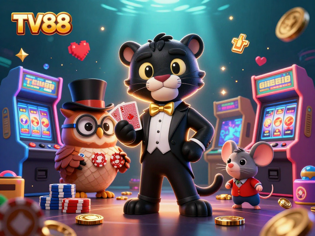 Experience the thrilling world of TV88 casino games with a stylish black panther dealer and charming woodland friends.