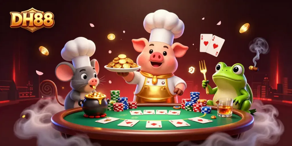 Engage with the DH88-themed dynamic casino scene, featuring a chef pig and kitchen antics.
