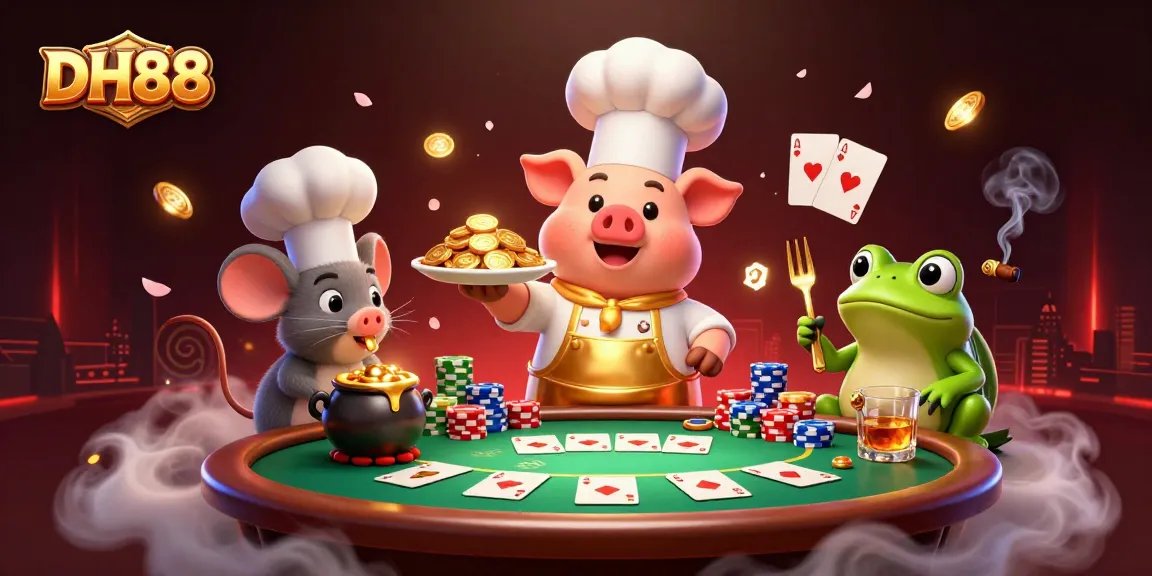 Engage with the DH88-themed dynamic casino scene, featuring a chef pig and kitchen antics.