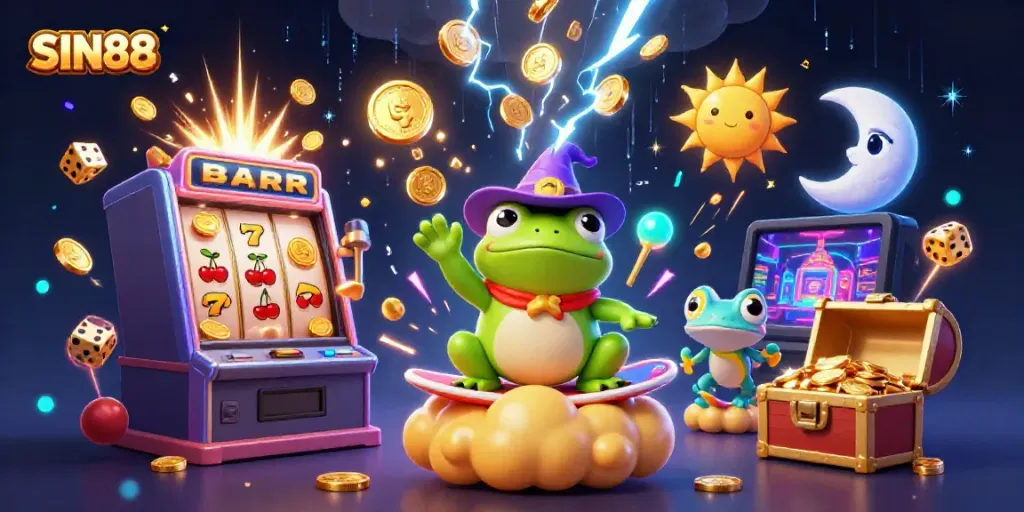 SIN88 casino illustration featuring a magical frog, colorful chameleon, and jackpot elements, showcasing entertainment.