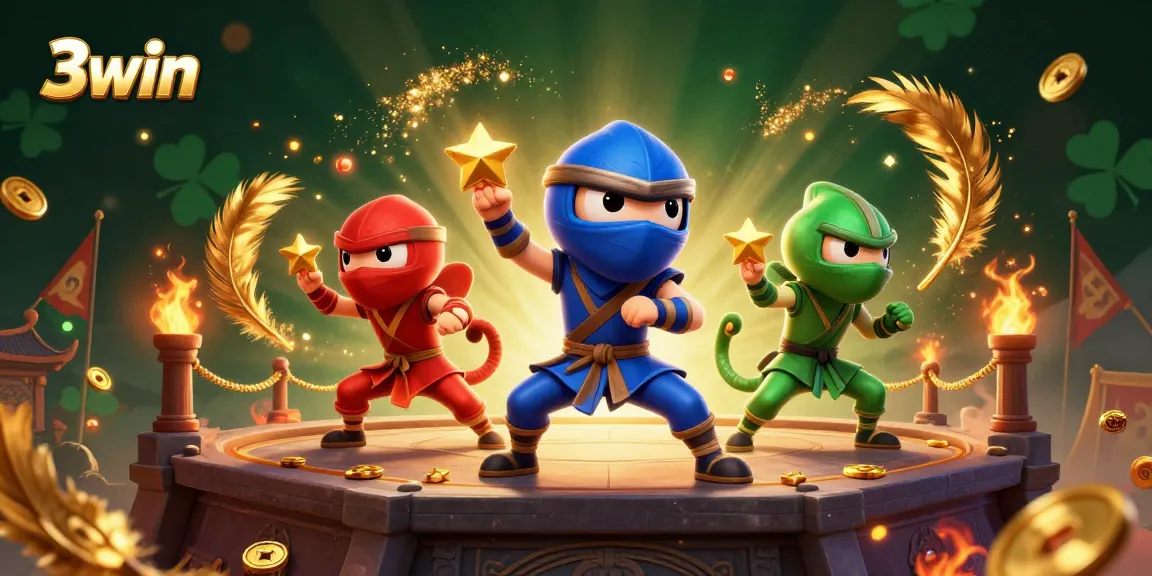 3win reveals a thrilling 3D illustration of ninja chameleons in action, showcasing vibrant gambling elements.