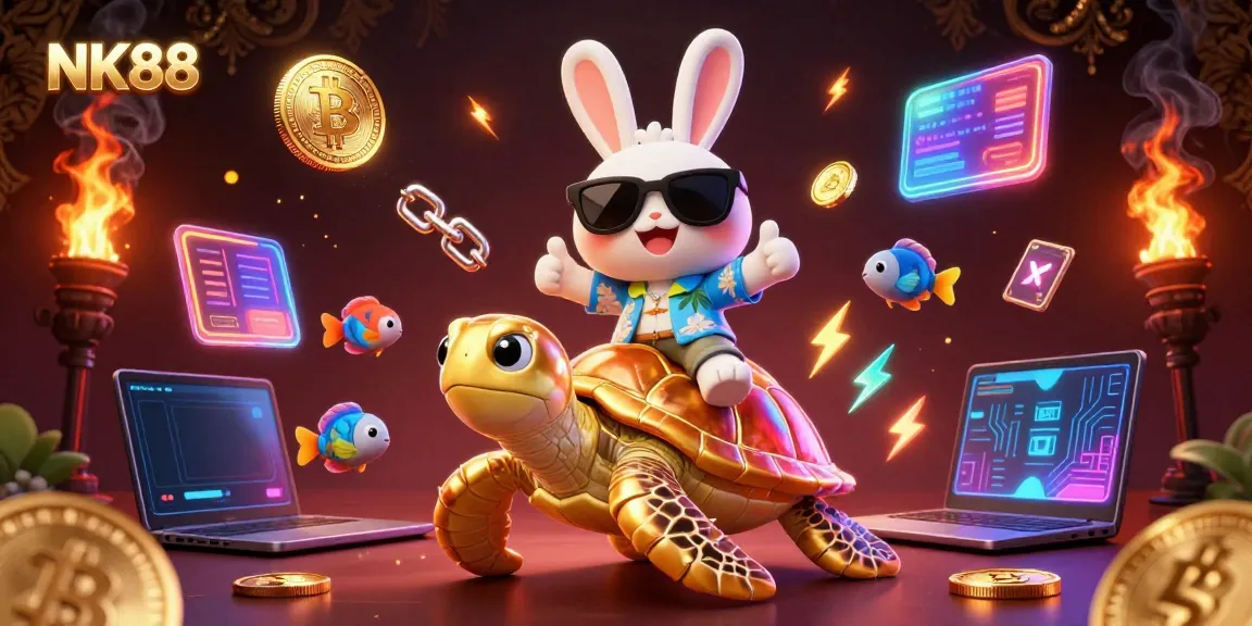 Experience excitement with the NK88 lucky rabbit winning on a golden sea turtle amid vibrant crypto coins.