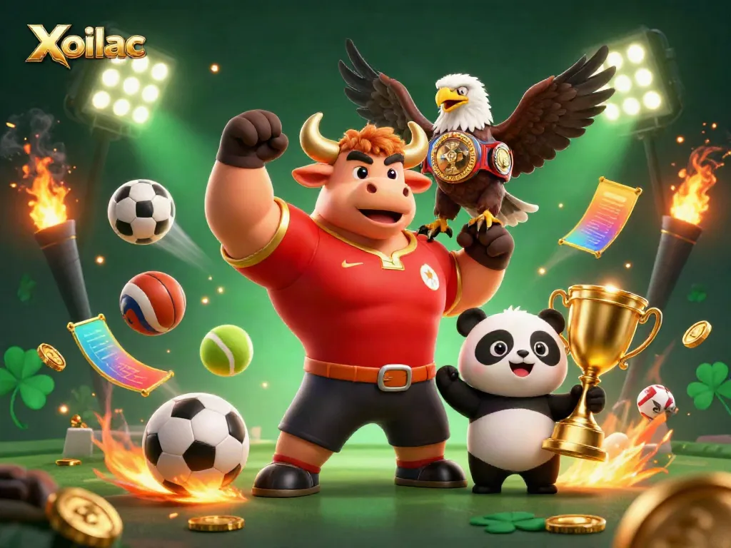 Xoilac showcases a vibrant scene with a bull mascot, eagle, and panda celebrating sports achievements amidst dynamic gaming elements.