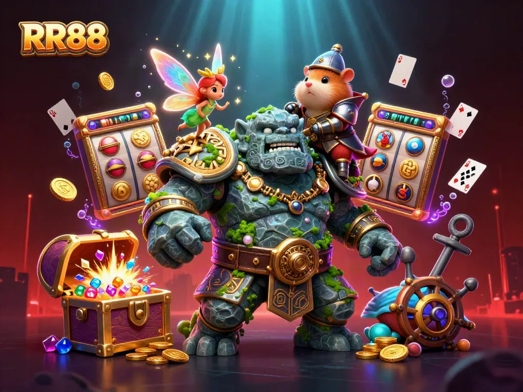 RR88 brings luck and excitement with a vibrant 3D casino scene featuring golems, fairies, and treasure.