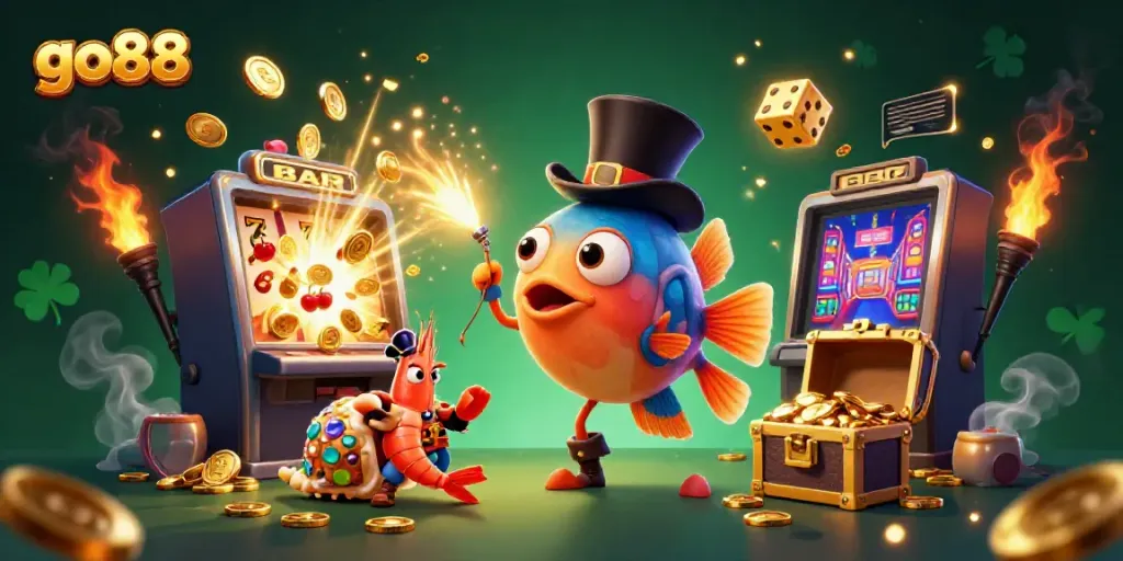 Join the excitement of go88 with a vibrant 3D anglerfish, pirate shrimp, and treasure snail among dazzling casino elements.