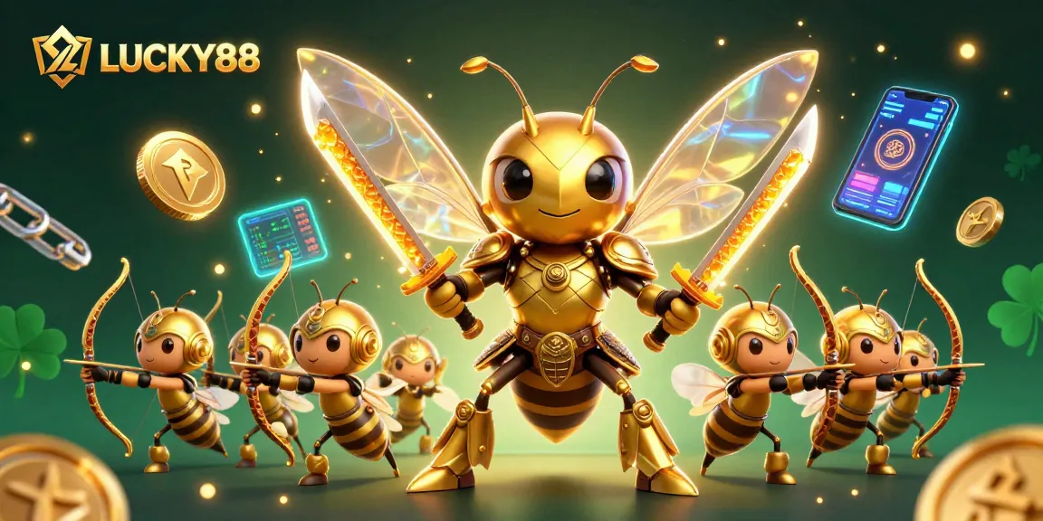 Join the excitement with LUCKY88's vibrant 3D illustration of golden hornets and crypto treasures!