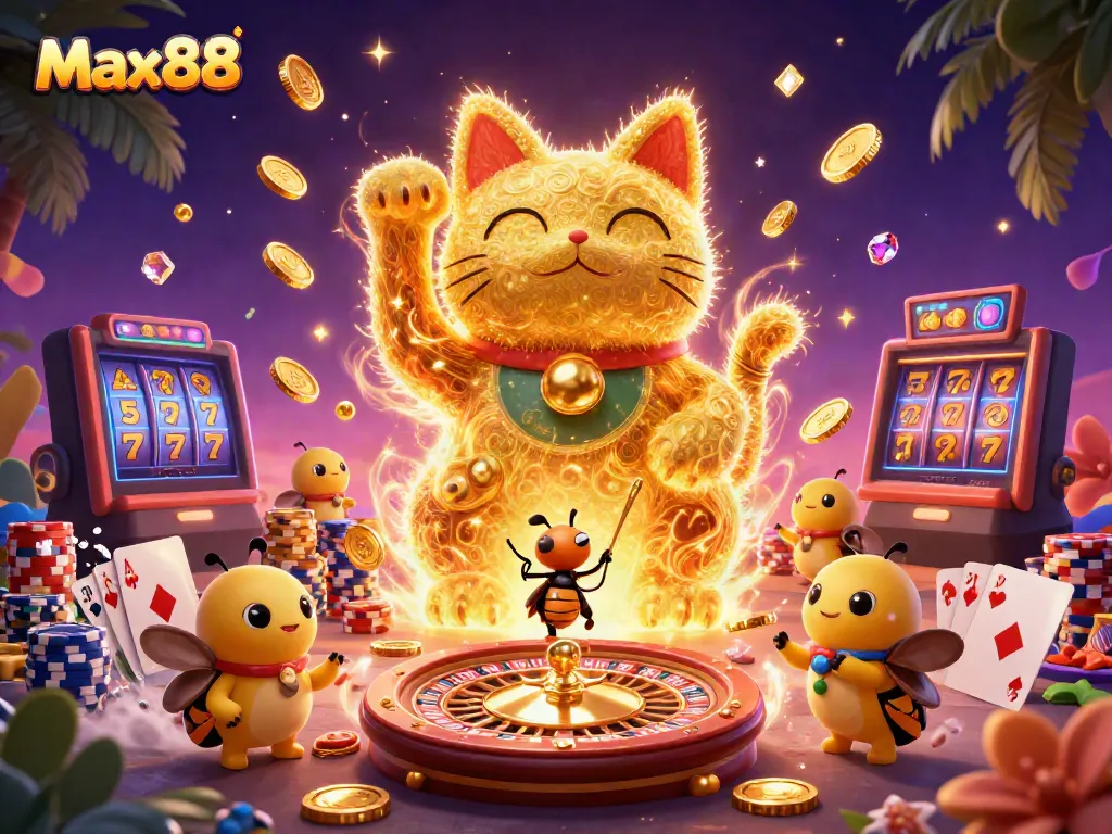 Engage in exciting gaming experiences at Max88 with vibrant casino elements and captivating visuals.