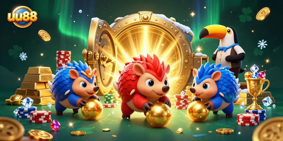 uu88 pangolins competing in a vibrant casino scene filled with gold and jewels.