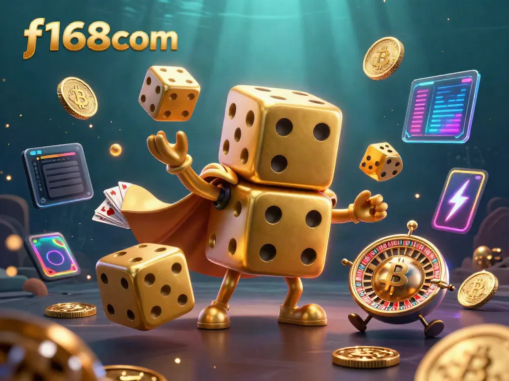 Engage with the vibrant scene of f168com featuring a playful golden dice golem amidst intricate gambling elements.
